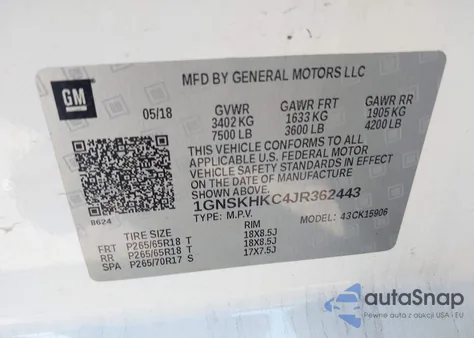 2018 Chevrolet Suburban Lt z USA, uszkodzony, nr VIN 1GNSKHKC4JR362443